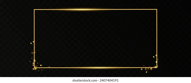 Goldener Rahmen mit Lichteffekten. Leuchtender Rechteckbanner. Einzeln auf transparentem Hintergrund. Vektorgrafik, eps10	