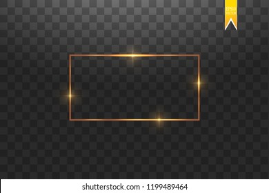 Goldener Rahmen mit Lichteffekten, glänzende luxuriöse Vektorgrafik. Goldener Rahmen mit glänzendem Licht und Funken. Leuchtendes Rechteckbanner einzeln auf schwarz-transparentem Hintergrund