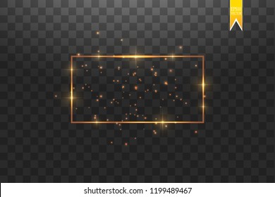 Golden frame with lights effects,Shining luxury banner vector illustration. Glow line golden frame with sparks and spotlight light effects. Shining rectangle banner isolated on black transparent