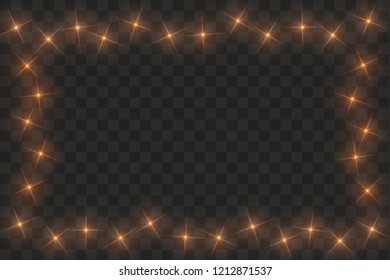 Golden frame with lights effects,Shining luxury banner vector illustration. Glow line golden frame with sparks and spotlight light effects. Shining rectangle banner isolated on black transparent