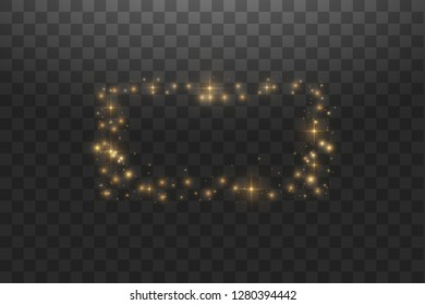 Golden frame with lights effects,Shining luxury banner vector illustration. Glow line golden frame with sparks and spotlight light effects. Shining rectangle banner isolated on black transparent