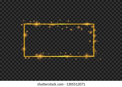 Golden frame with lights effects,Shining luxury banner vector illustration. Glow line golden frame with sparks and spotlight light effects. Shining rectangle banner.