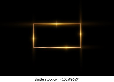 Golden frame with lights effects,Shining luxury banner vector illustration. Glow line golden frame with sparks and spotlight light effects. Shining rectangle banner isolated on black black background