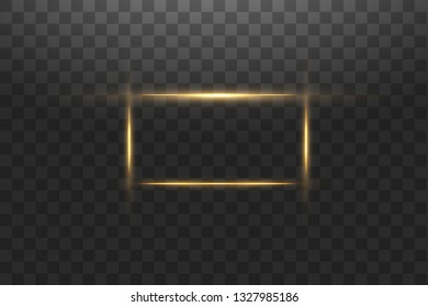 Golden frame with lights effects,Shining luxury banner vector illustration. Glow line golden frame with sparks and spotlight light effects. Shining rectangle banner isolated on black transparent