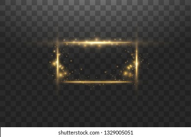 Golden frame with lights effects,Shining luxury banner vector illustration. Glow line golden frame with sparks and spotlight light effects. Shining rectangle banner isolated on black transparent