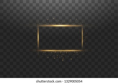 Golden frame with lights effects,Shining luxury banner vector illustration. Glow line golden frame with sparks and spotlight light effects. Shining rectangle banner isolated on black transparent