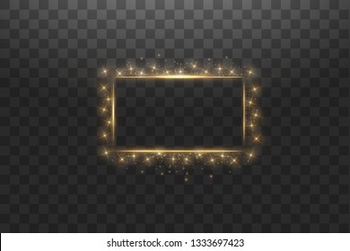 Golden frame with lights effects,Shining luxury banner vector illustration. Glow line golden frame with sparks and spotlight light effects. Shining rectangle banner isolated on black transparent