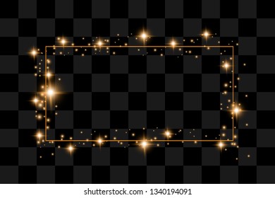 Golden frame with lights effects,Shining luxury banner vector illustration. Glow line golden frame with sparks and spotlight light effects. Shining rectangle banner isolated on black transparent
