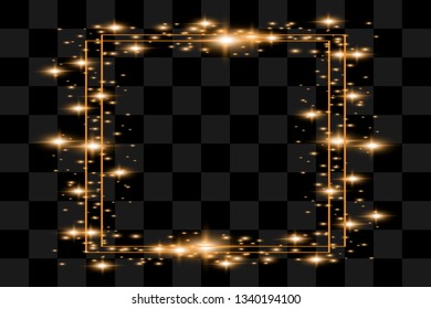 Golden frame with lights effects,Shining luxury banner vector illustration. Glow line golden frame with sparks and spotlight light effects. Shining rectangle banner isolated on black transparent