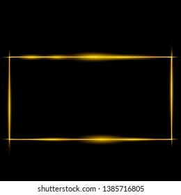 Golden frame with lights effects,Shining luxury banner vector illustration. Glow line golden frame with sparks and spotlight light effects. Shining rectangle banner isolated on black black background 
