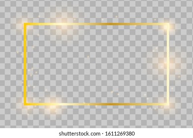 Golden frame with lights effects,Shining luxury banner vector illustration. Glow line golden frame with sparks and spotlight light effects. Shining rectangle banner isolated on transparent