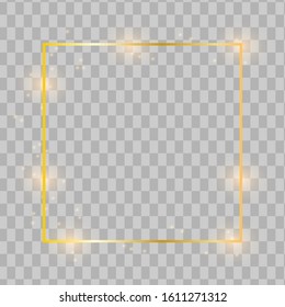 Golden frame with lights effects,Shining luxury banner vector illustration. Glow line golden frame with sparks and spotlight light effects. Shining rectangle banner isolated on transparent