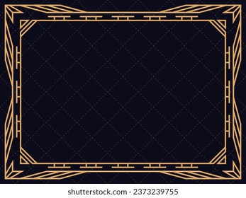 Golden frame in line art style. Vintage style linear border. Art deco frame with golden lines on a black background. Design a template for invitation, leaflet and greeting card. Vector illustration