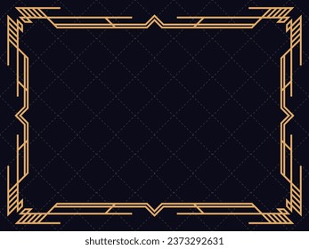Golden frame in line art style. Vintage style linear border. Art deco frame with golden lines on a black background. Design a template for invitation, leaflet and greeting card. Vector illustration