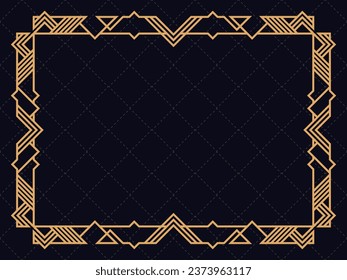 Golden frame in line art style. Vintage style linear border. Art deco frame with golden lines on a black background. Design a template for invitation, leaflet and greeting card. Vector illustration