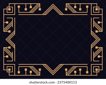 Golden frame in line art style. Vintage style linear border. Art deco frame with golden lines on a black background. Design a template for invitation, leaflet and greeting card. Vector illustration