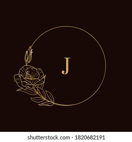 Marco dorado de las ramas de Lisianthus. Icono redondo en un estilo lineal minimalista moderno. Logo vector con la letra J y una ramita. Plantilla para el logotipo cosmético, estudio de belleza, peluquería, artesanal, EPA