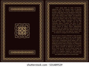 Golden frame with logo in A4 format for restaurant menu, flyer, greeting card, brochure and any other decoration. Vector illustration