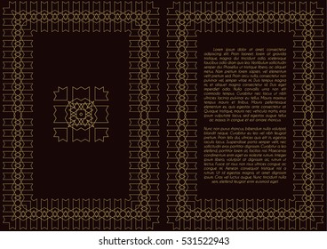 Golden frame with logo in A4 format for restaurant menu, flyer, greeting card, brochure and any other decoration. Vector illustration