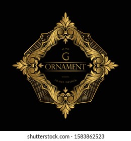 Golden Frame Luxury. Rectangular Decorative Frame with Golden Luxury Ornament. Vector Ornament Plant Vignette for Labels, Banner, Sticker and Sticker.