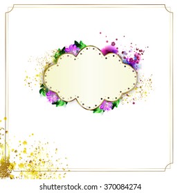 Golden frame in luxury style on a triangular background with abstract flowers
