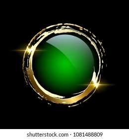 Golden frame made on brush stroke ring and green button on black background. Vector design element.