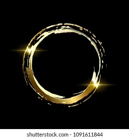 Golden frame made on brush stroke ring isolated on black background. Vector design element.