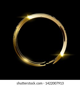 Golden frame made on brush stroke ring isolated on black background. Vector design element