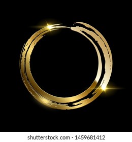 Golden frame made on brush stroke ring isolated on black background. Vector design element