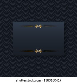 Golden frame minimalistic template with text space. Elegant rectangle border with shiny gradient effect. Chinese oriental waves pattern web banner background. Abstract black invitation vector layout