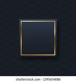 Golden frame minimalistic template with text space. Elegant square border with shiny gradient effect. Chinese oriental waves pattern web banner background. Abstract black invitation vector layout