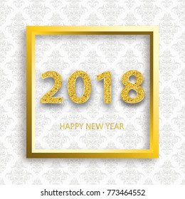 Golden frame and numbers 2018 on the wallpaper with ornaments. Eps 10 vector file.
