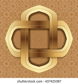 Golden frame on a background of an Arab ornament. Elegant islamic template design on a brown arabic background. Vector illustration