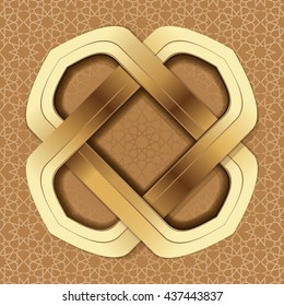 Golden frame on the background of the Arab ornament. Elegant islamic template design on a brown arabic background. Vector illustration
