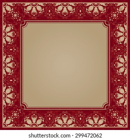 Golden frame on a red background. Gold vector frame in Victorian style on red background. Baroque ornate element and place for text. Golden ornamental pattern and traditional decor.