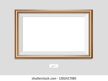 Golden frame on the wall. Vector EPS10 illustration. Wall picture frame mock-up