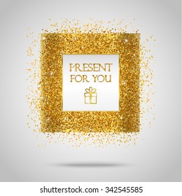 Golden frame on white background. Gold sparkles on white background. Gold glitter background. 