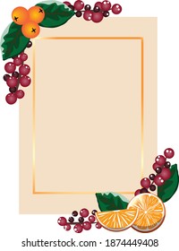 Golden frame with orange and berries. Vector frame.