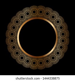 Golden frame with ornament in circle on black background. Luxury gold mandala, hand draw design. Arabic, Islamic, moroccan, asian, indian native african motif. Abstract vector illustration.