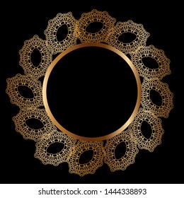Golden frame with ornament in circle on black background. Luxury gold mandala, hand draw design. Arabic, Islamic, moroccan, asian, indian native african motif. Abstract vector illustration.