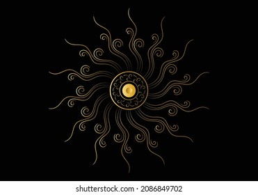 Golden frame with ornament in circle on black background. Luxury gold mandala, hand draw design.