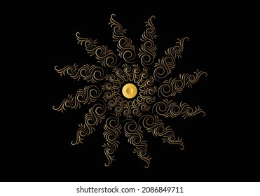 Golden frame with ornament in circle on black background. Luxury gold mandala, hand draw design.