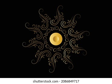 Golden frame with ornament in circle on black background. Luxury gold mandala, hand draw design.