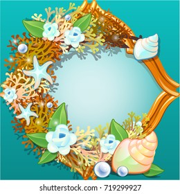 Golden frame with an ornament made from sea shells, corals, starfish, pearls and flowers with space for your text. Element of interior design with nautical theme. Vector cartoon close-up illustration.