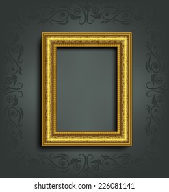 Golden frame with ornament and shadow on grey background with ornament