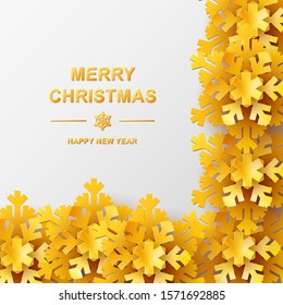 Golden frame of paper cut snowflakes Christmas background