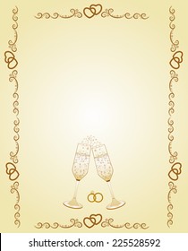 Golden frame with patterned borders, wedding rings and glasses of wine for congratulations. Wedding anniversary invitation, for congratulations on your birthday, and text writing. Postcard print, roma