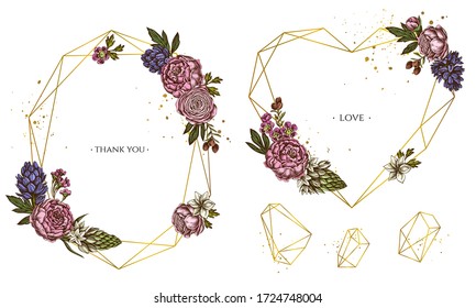 Golden frame with peony, ranunculus, wax flower, ornithogalum, hyacinth