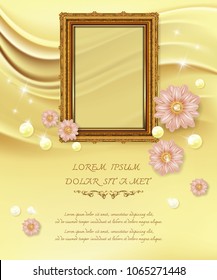 Golden frame photo on Gold silk wave background, Flowers and pearls Lay on the sand