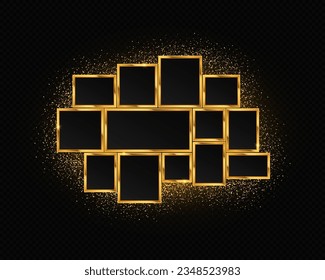 Golden frame for photos and pictures, photo collage, photo puzzle. Luxury golden photo collage with sparkle particles.